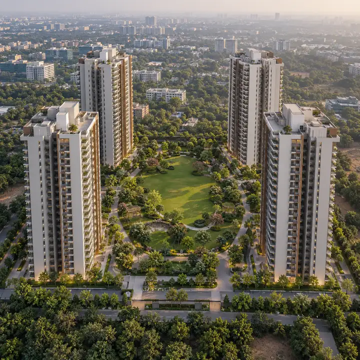 Concorde Electronic City aerial view of apartment towers around a central landscaped court, artist's impression
