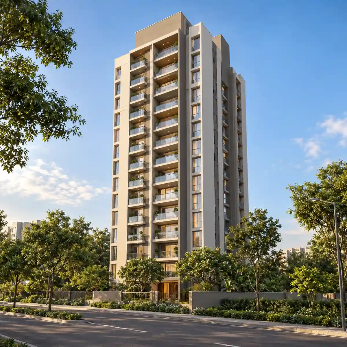 Concorde Electronic City apartment tower with balconies seen from the street, artist's impression
